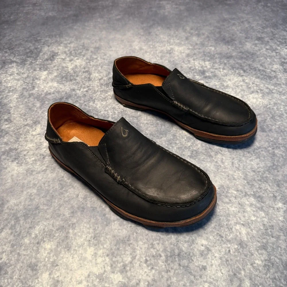 OluKai Moloa Mens 9.5 Black Leather Slip On Loafers Drop In Heel Shoes 10128